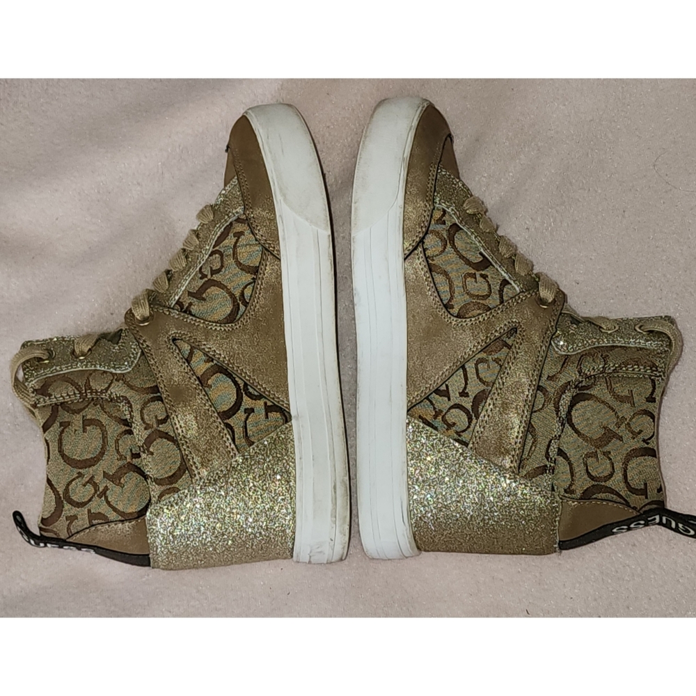 Guess Women's WGTONIGHT3 High Top Sneakers Beige Brown and Gold Glitter - Picture 6 of 9